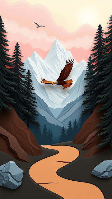 Majestic Eagle Soaring Over Layered Mountain Landscape Art - Free mobile Wallpaper