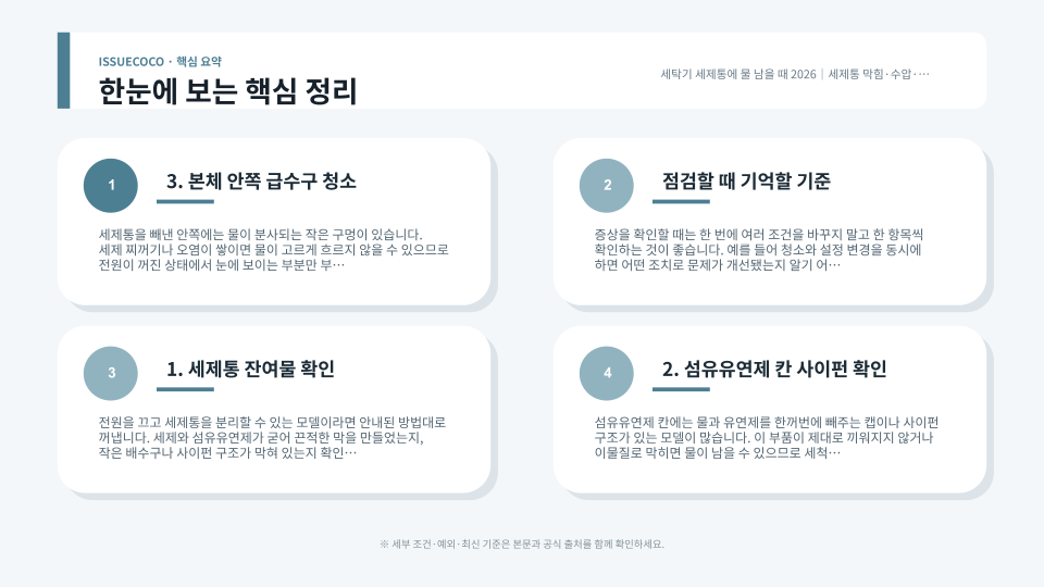 세제통 분리 청소와 세제 투입구 막힘을 확인하는 점검 이미지