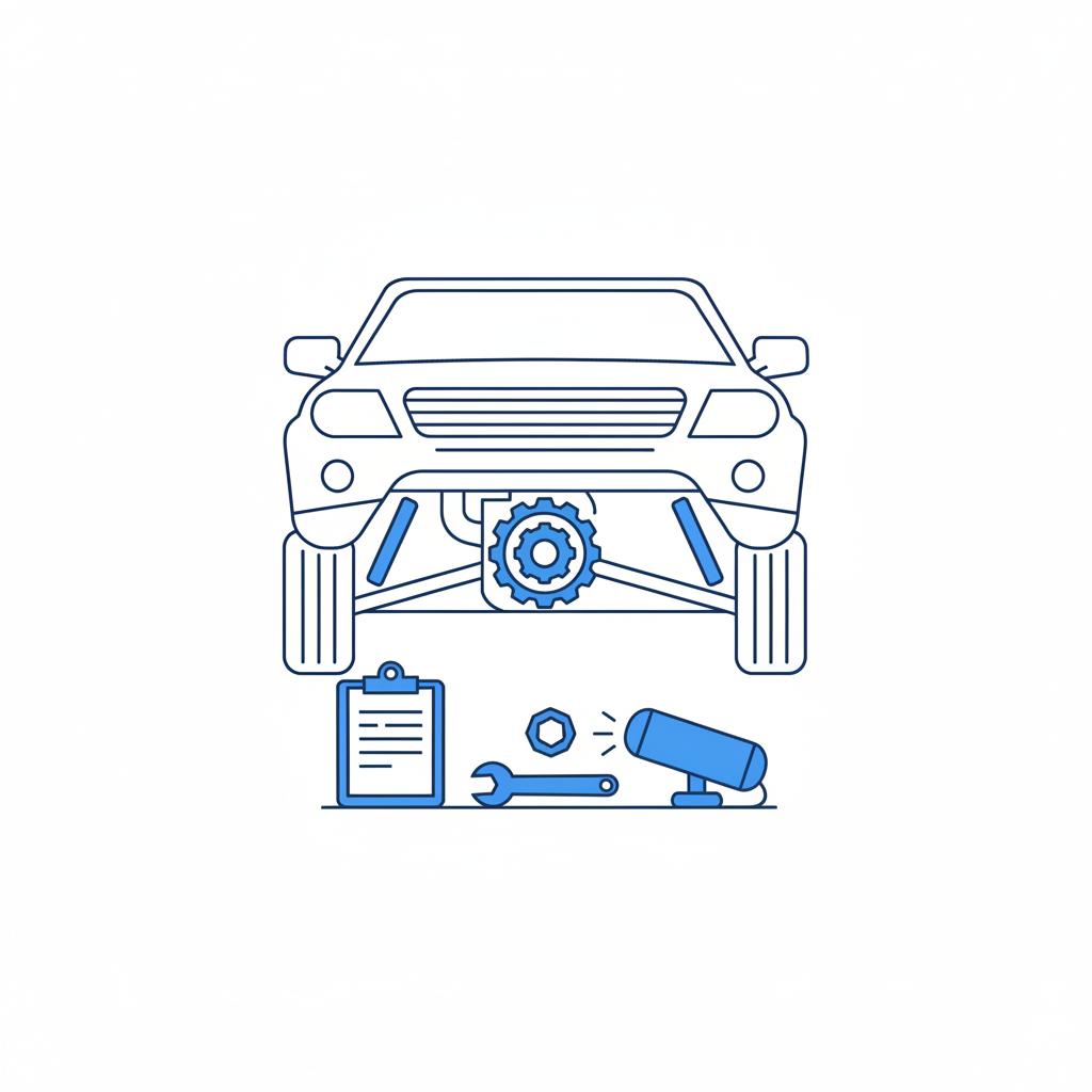 Minimal vector illustration of an SUV underbody and inspection tools with clipboard conveying pre purchase inspection for toyota rav 4 price