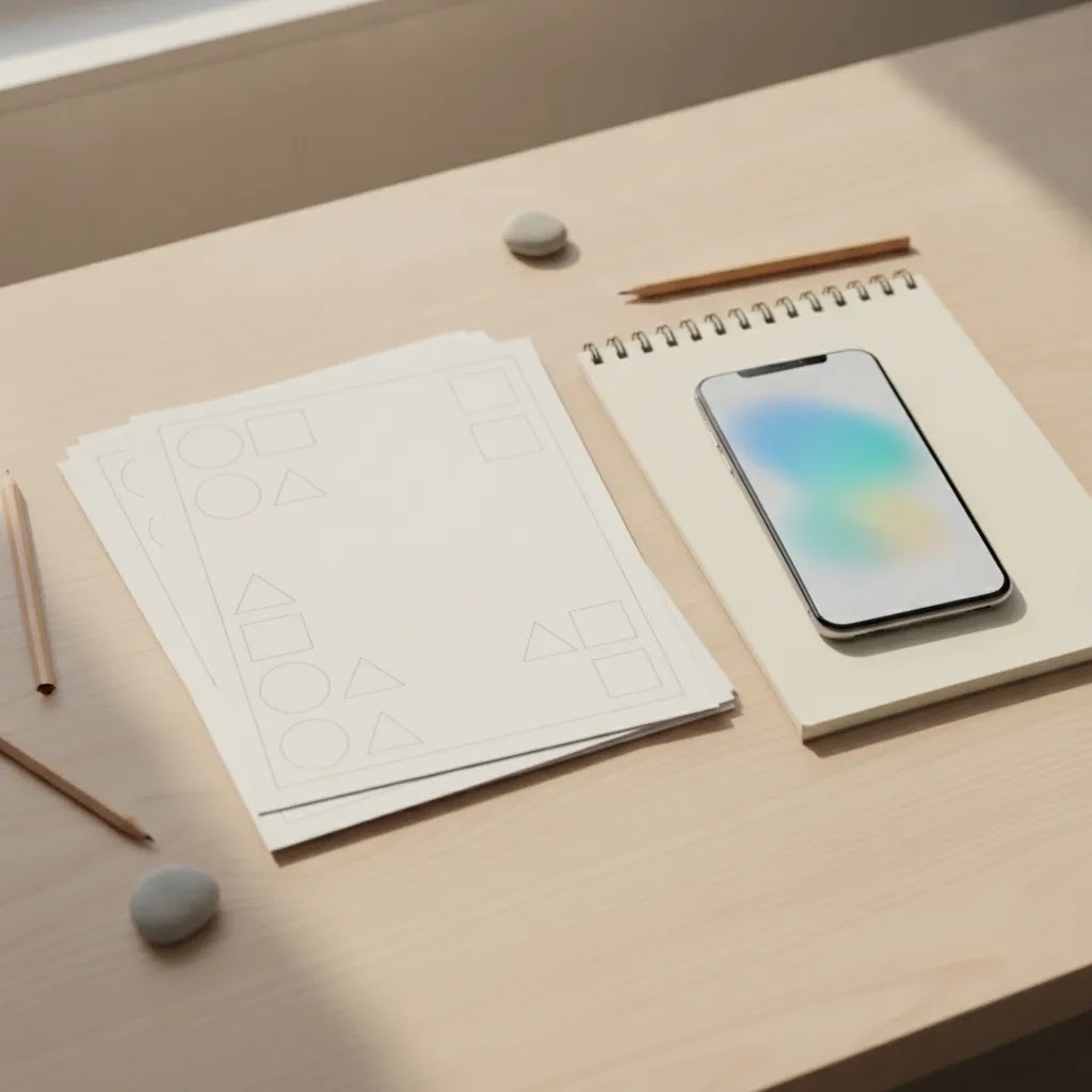 Templates notebook and phone in a minimal workspace
