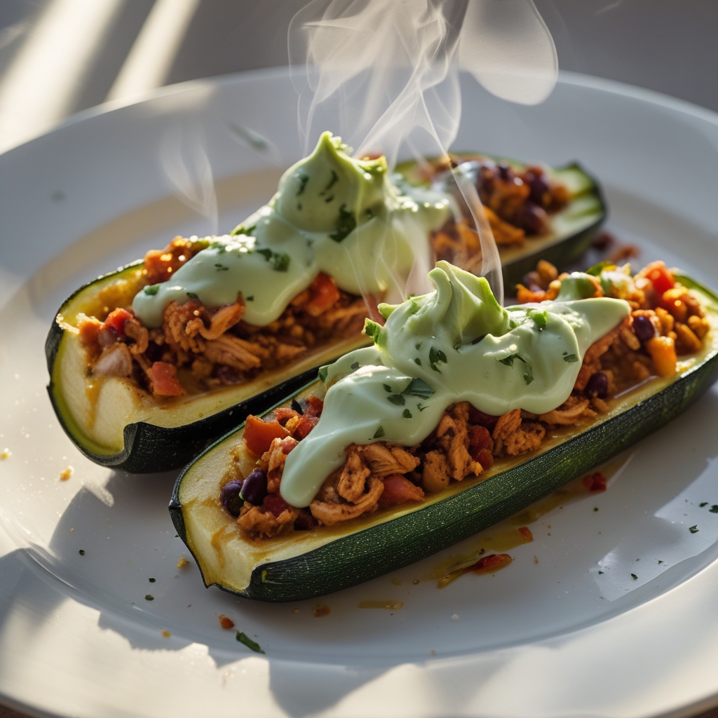 Final Spicy Taco Chicken Stuffed Zucchini Boats with Avocado-Lime Crema