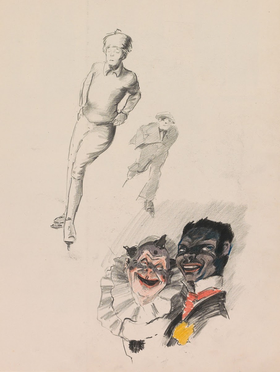 Schaatsende man en jongen en twee figuren uit een Commedia DellArte 1917 1919