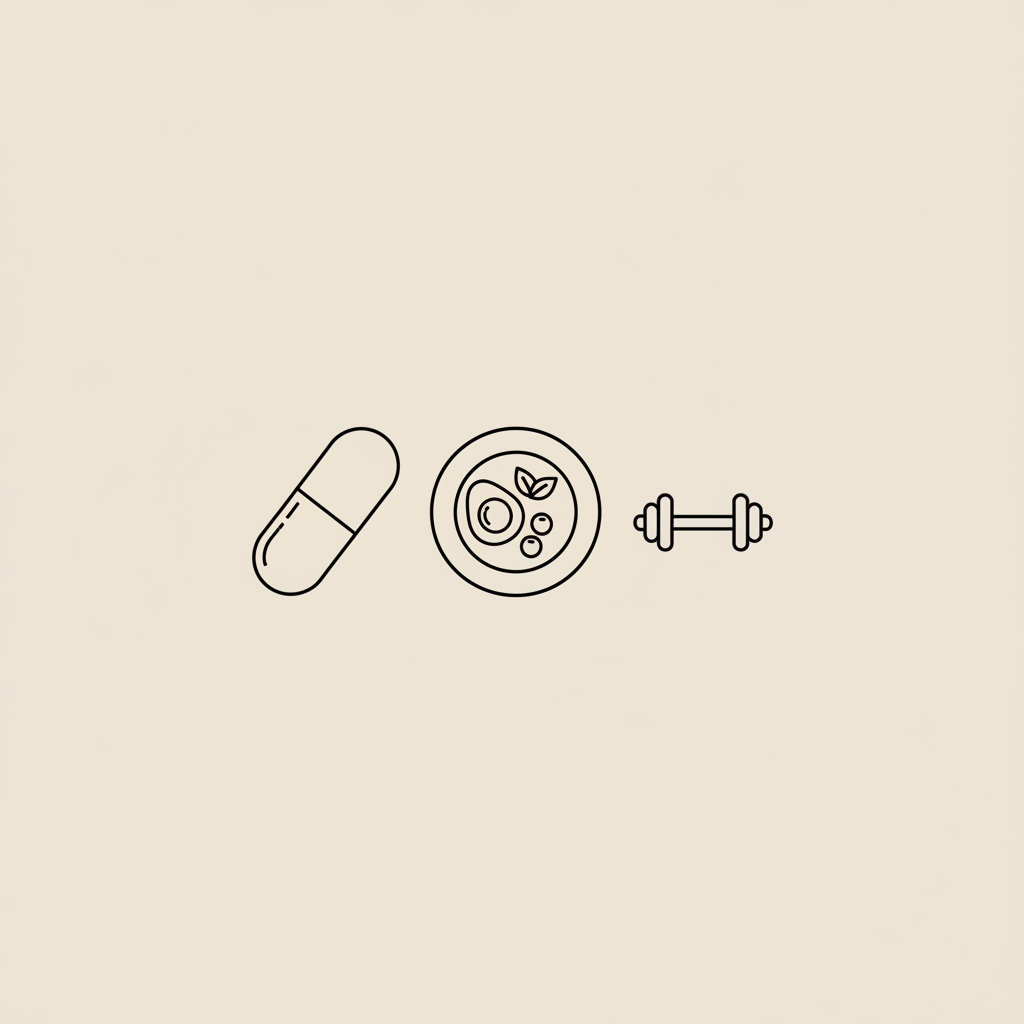 Minimal Tonum-style line illustration of a capsule, small plate with egg and berries and a tiny barbell on beige background — How long does it take to lose weight on HRT?