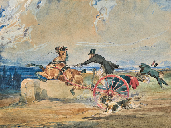Cheval attelé partant au galop un chien et deux cavaliers 19th century