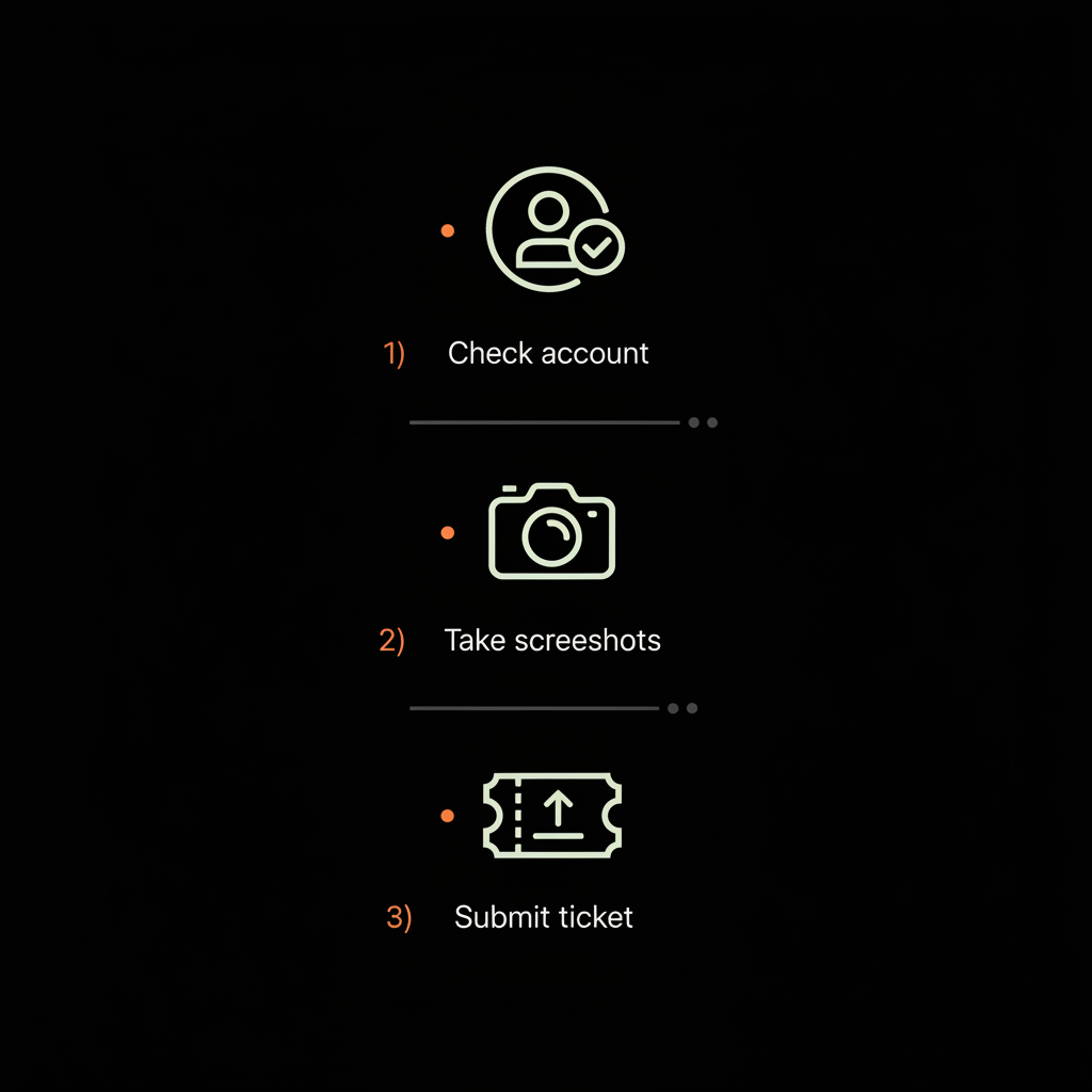Minimal checklist infographic on black showing 'Check account', 'Take screenshots', 'Submit ticket' with clean vector icons and #dc5c2b accents — why can't I delete my review