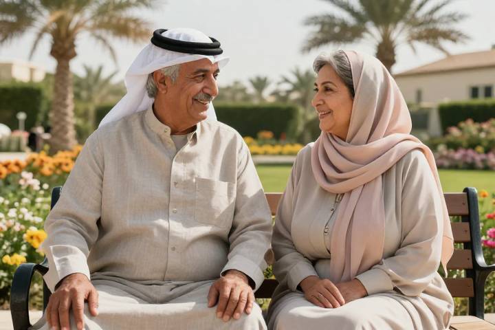 زوجان عربيان كبيران في السن يجلسان في حديقة مشمسة ويتحدثان بآلفة