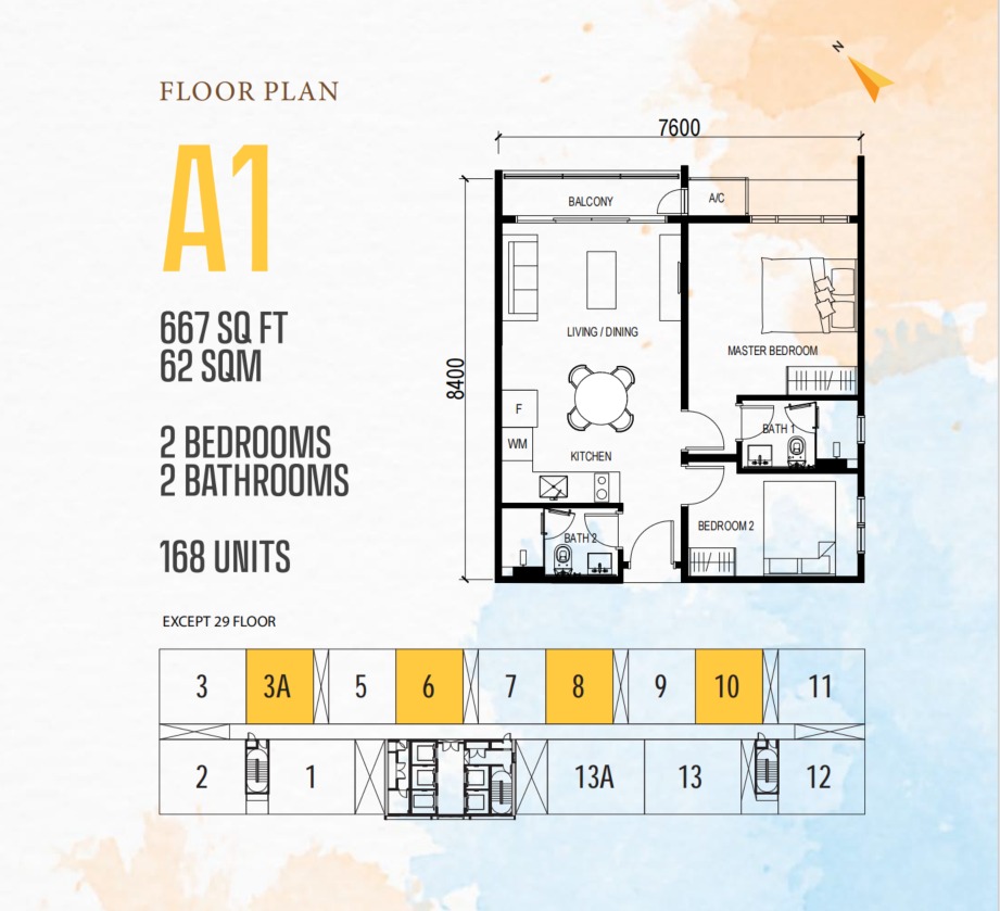 Vox Type A1 floor plan — 737 sq ft, 2 bedrooms