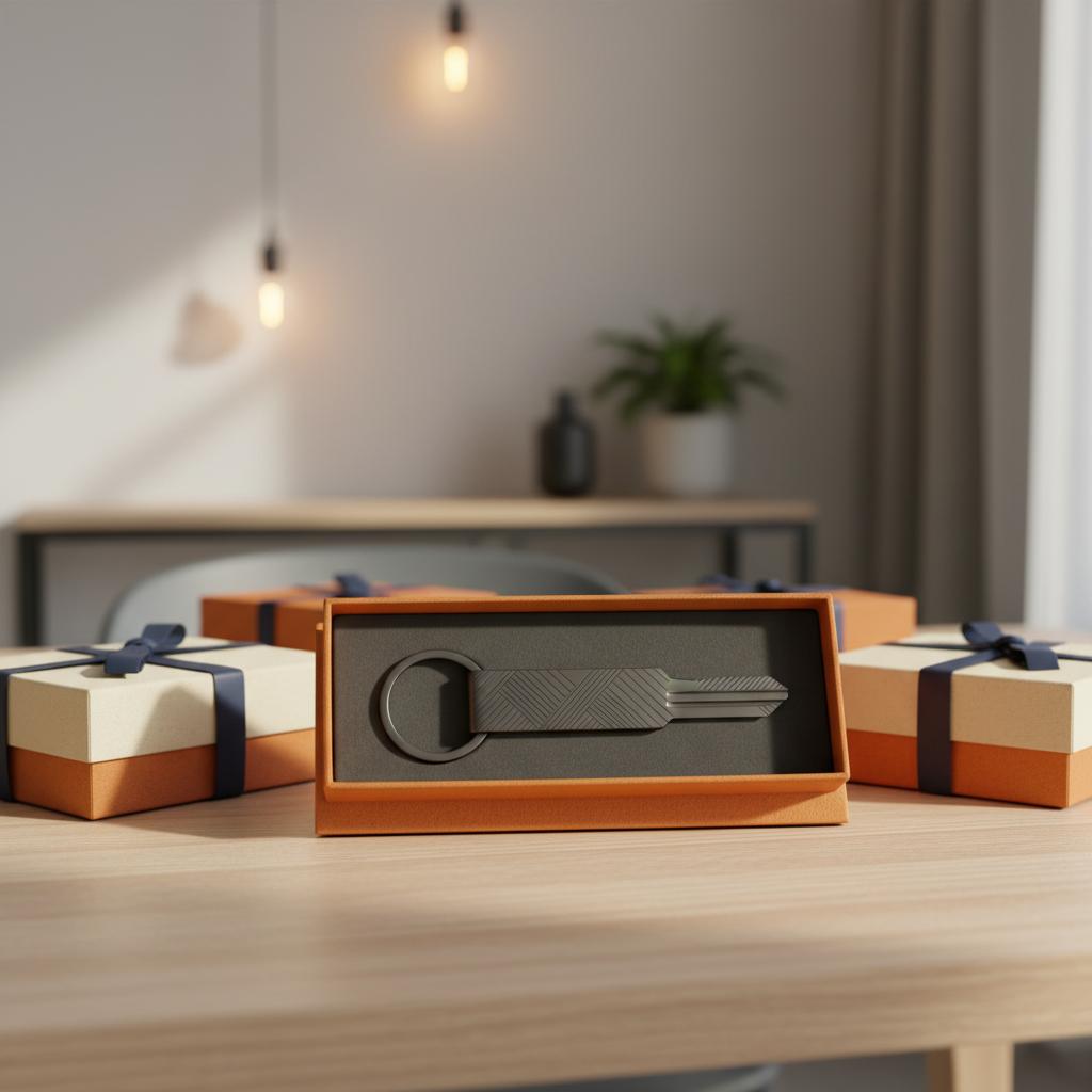 Nahaufnahme eines Esstisches mit Geschenkboxen und einem gravierten Metall-Schlüsselanhänger auf einer geöffneten Box – geschenkideen für 30-jährige männer