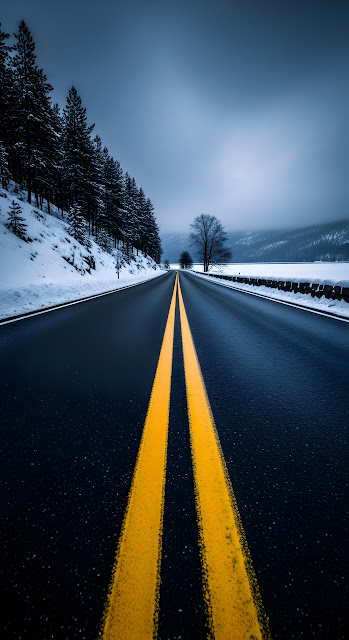 Lonely Winding Road with Double Yellow Lines Through Snowy Winter Forest Landscape - Free mobile Wallpaper
