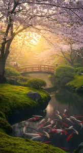 Misty Sunrise in Japanese Garden with Red Bridge and Koi