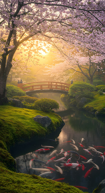Misty Sunrise in Japanese Garden with Red Bridge and Koi - Free mobile Wallpaper