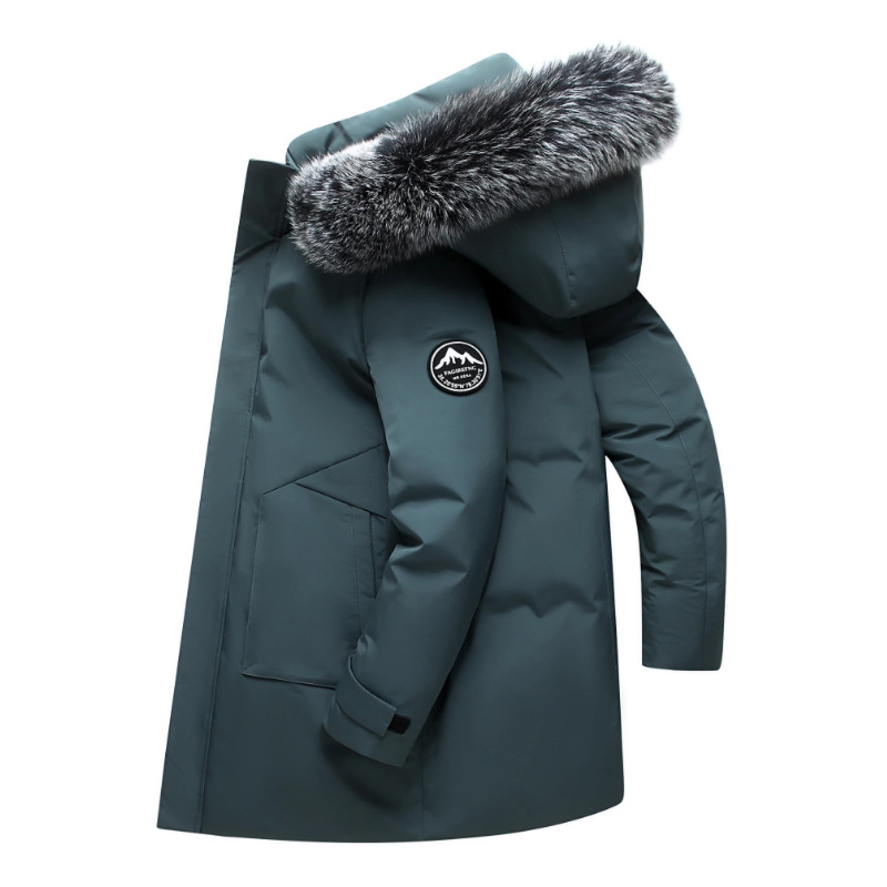 Mid-length men's down jacket with hood and fur collar