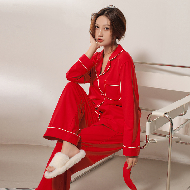 Damen-Pyjama-Set, Baumwolle, Langarm, festliches Design