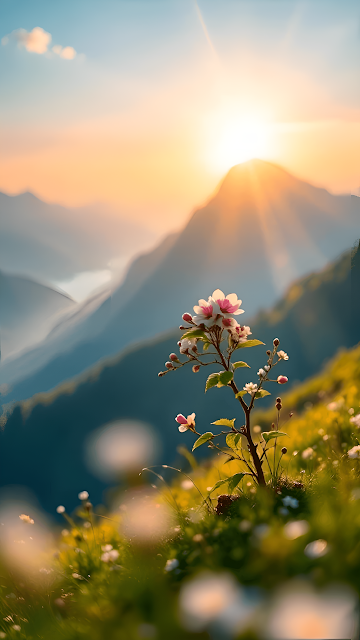 Alpine Wildflower Blooming at Sunrise Over Misty Mountain Peaks - Free mobile Wallpaper
