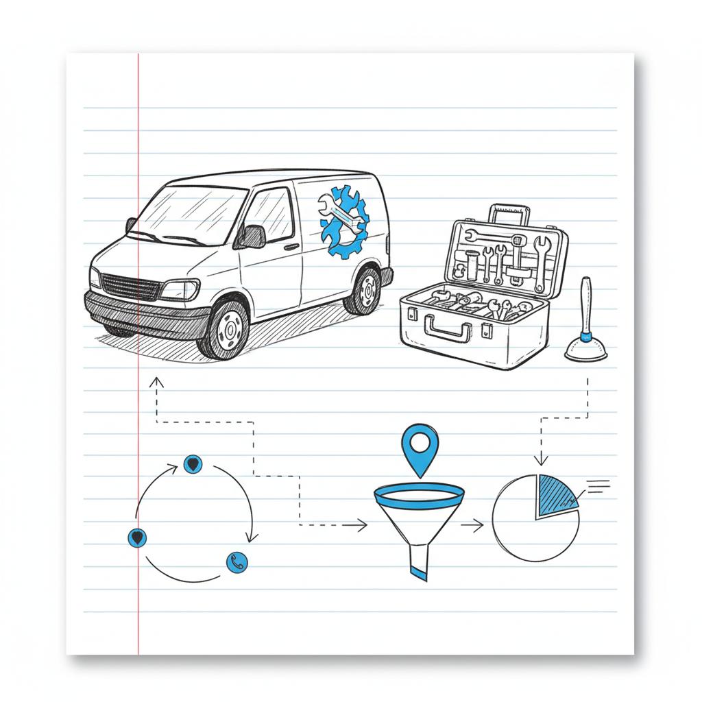 Notebook sketch of a branded plumber work van and toolkit with phone and map-pin symbols and simple marketing diagrams on white background &mdash; how do you advertise yourself as a plumber?