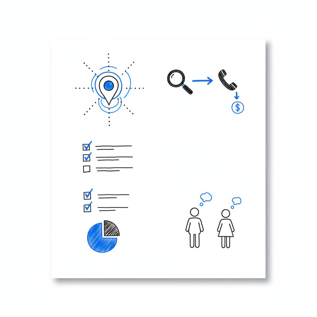 Notebook-style sketches of local visibility for free advertising ideas for small business: map marker, directory list, magnifying-glass to phone icon flow, and a small checklist in neutral ink and blue accents