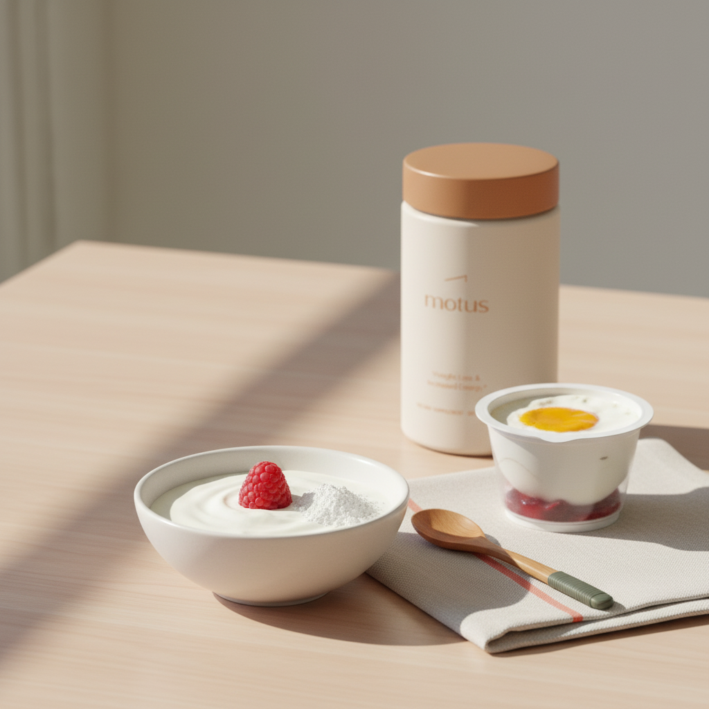 Minimalist wooden breakfast with nonfat Greek yogurt topped with a single berry and scoop of protein powder, peeled egg-white cup and Tonum Motus jar in background — what is the lowest calorie protein
