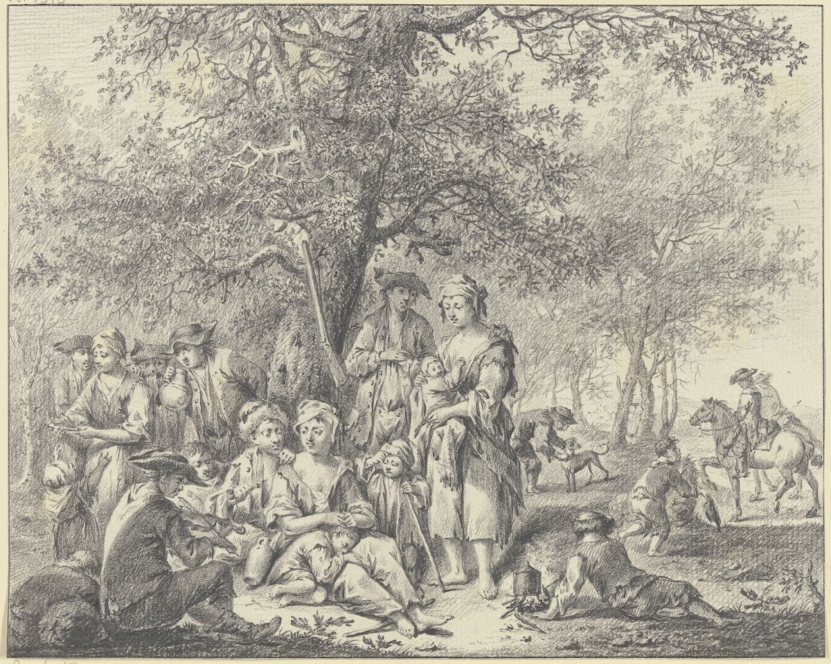 Zigeunerfamilie unter einer Eiche am Waldrand rastend