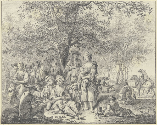 Zigeunerfamilie unter einer Eiche am Waldrand rastend