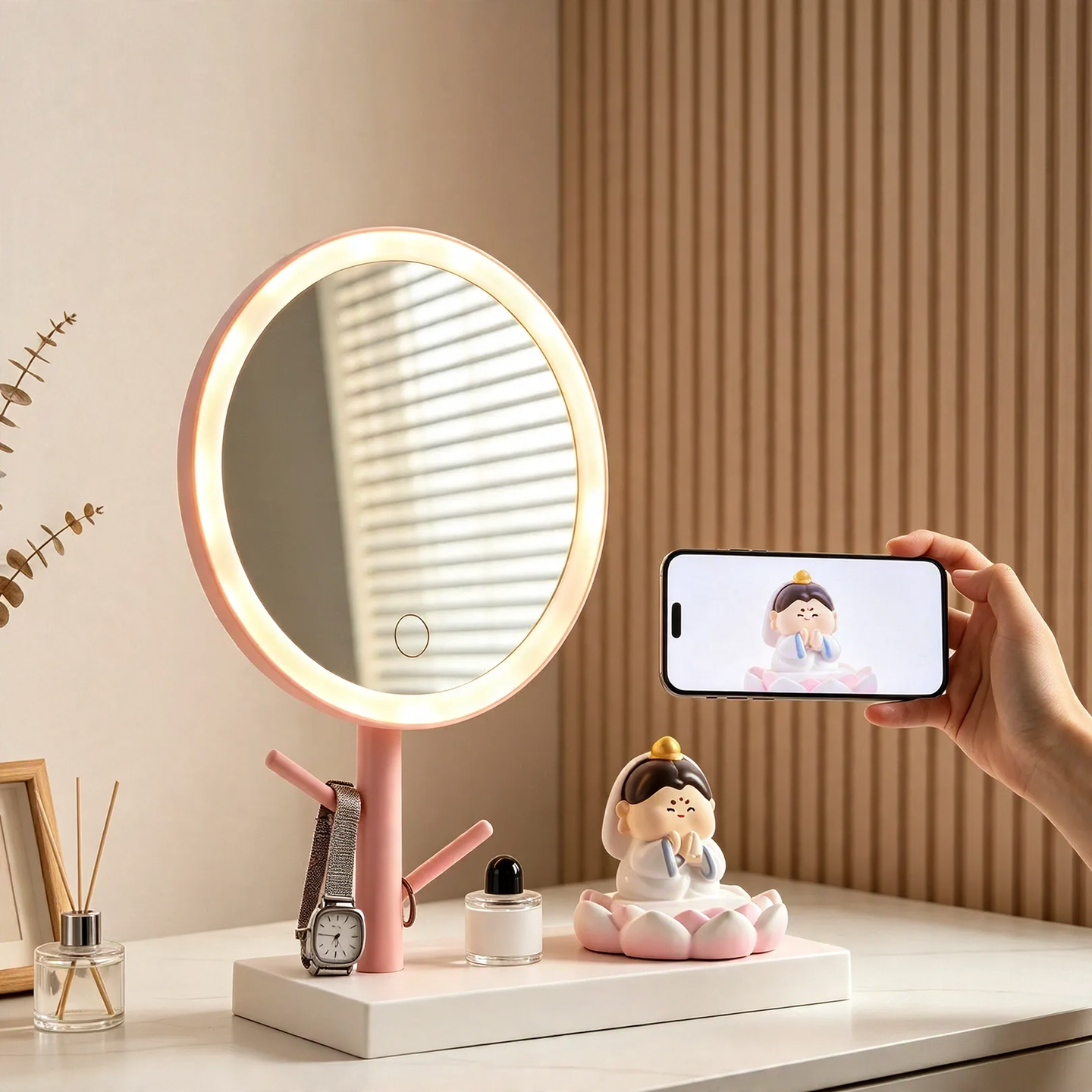 Lotus Makeup Mirror with Phone Stand and Tray