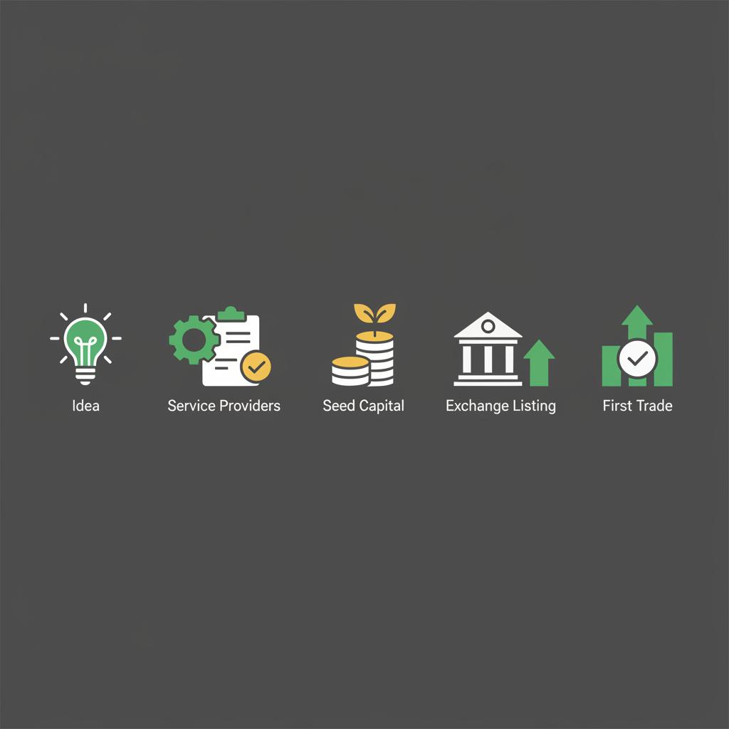 Minimalist 2D vector linear flow of five icons representing ETF lifecycle idea service providers seed capital exchange listing first trade how to start an etf