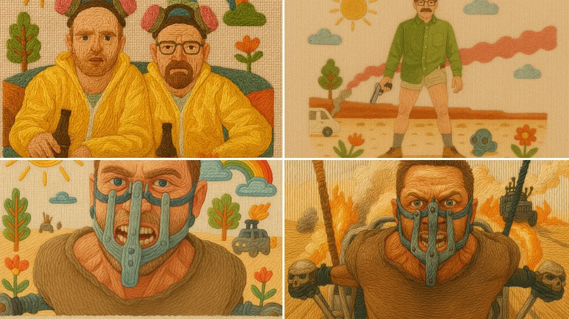 Ilustración bordada a mano con hilos de colores sobre lino.