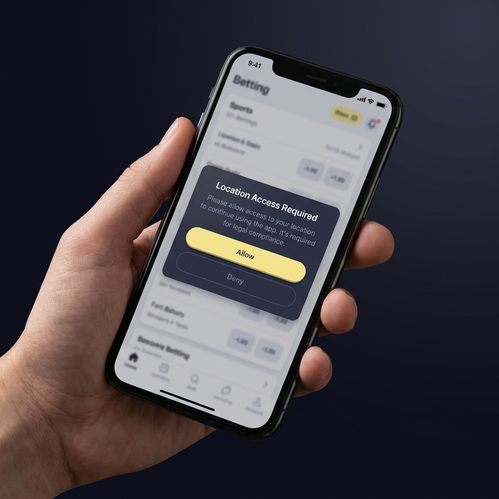 Close up mobile phone displaying sports betting app with geolocation permission prompt in minimalist Funded Plays color palette and neutral UI design fanduel betting states