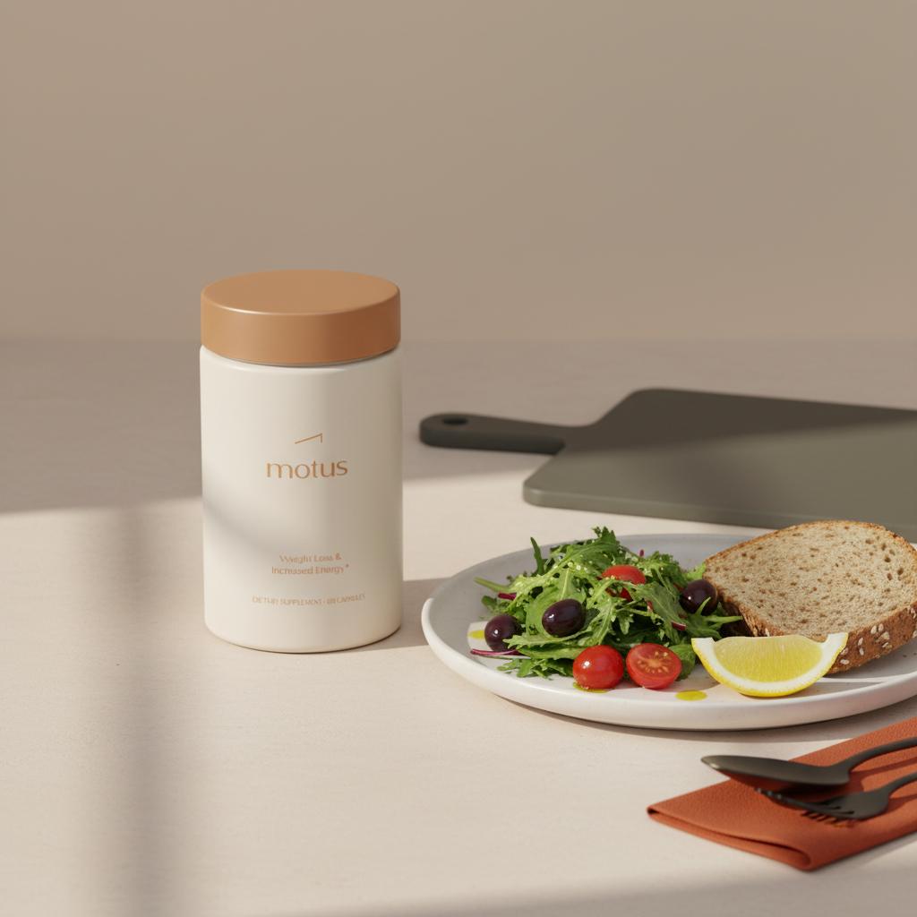 Motus supplement container on a beige kitchen counter beside a Mediterranean-style plate of salad and bread, minimalist clinical composition for fatty liver health.