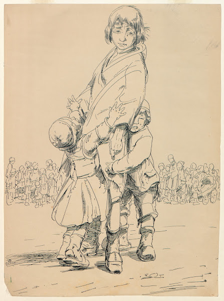 Jonge moeder met twee huilende kinderen 1918
