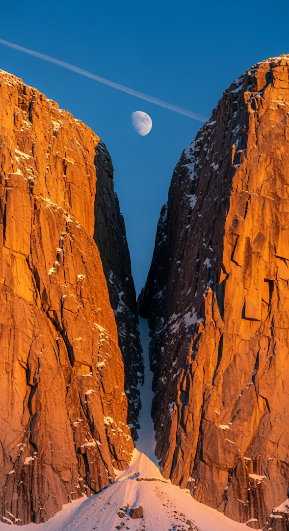 Close-up of Towering Golden Rock Cliffs with Moon and Contrail in Blue Sky