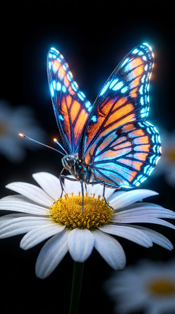 Glowing Orange Butterfly on Daisy Macro 3D Render - Free mobile Wallpaper