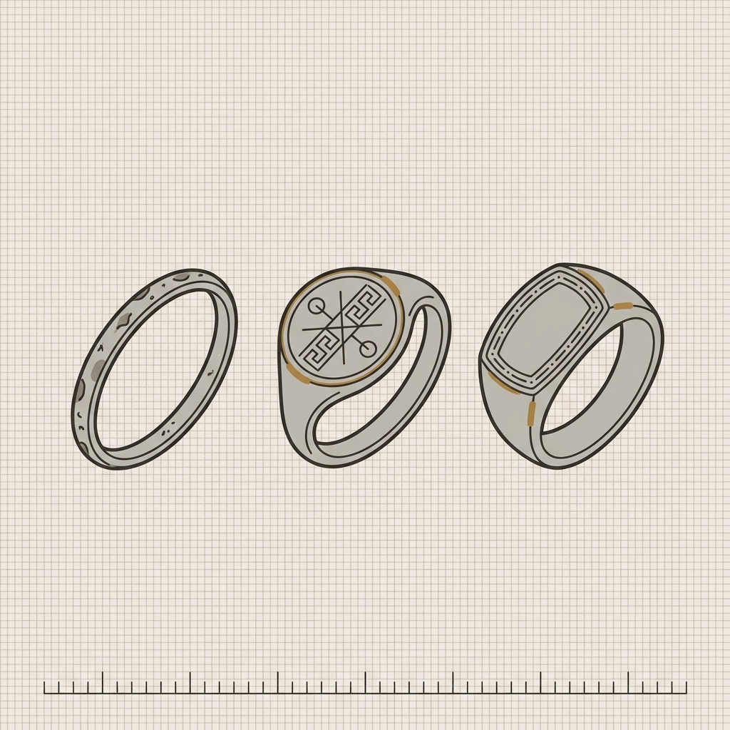 Three minimalist 2D vector ancient rings including an ancient greek signet ring on a linen background with a discrete measurement scale