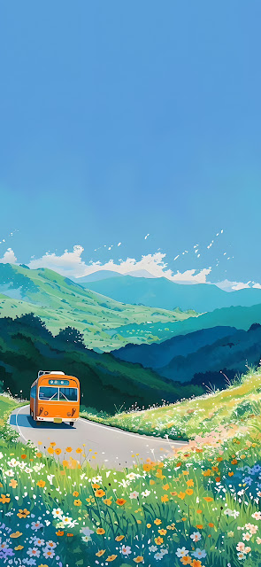 Orange Bus Driving Through Lush Summer Flower Fields - Free mobile Wallpaper