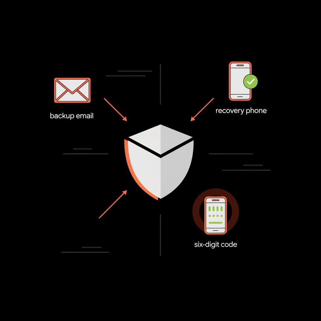 Minimal vector infographic of a shielded inbox with arrows to recovery phone, backup email, and authenticator app illustrating how to recover my email account