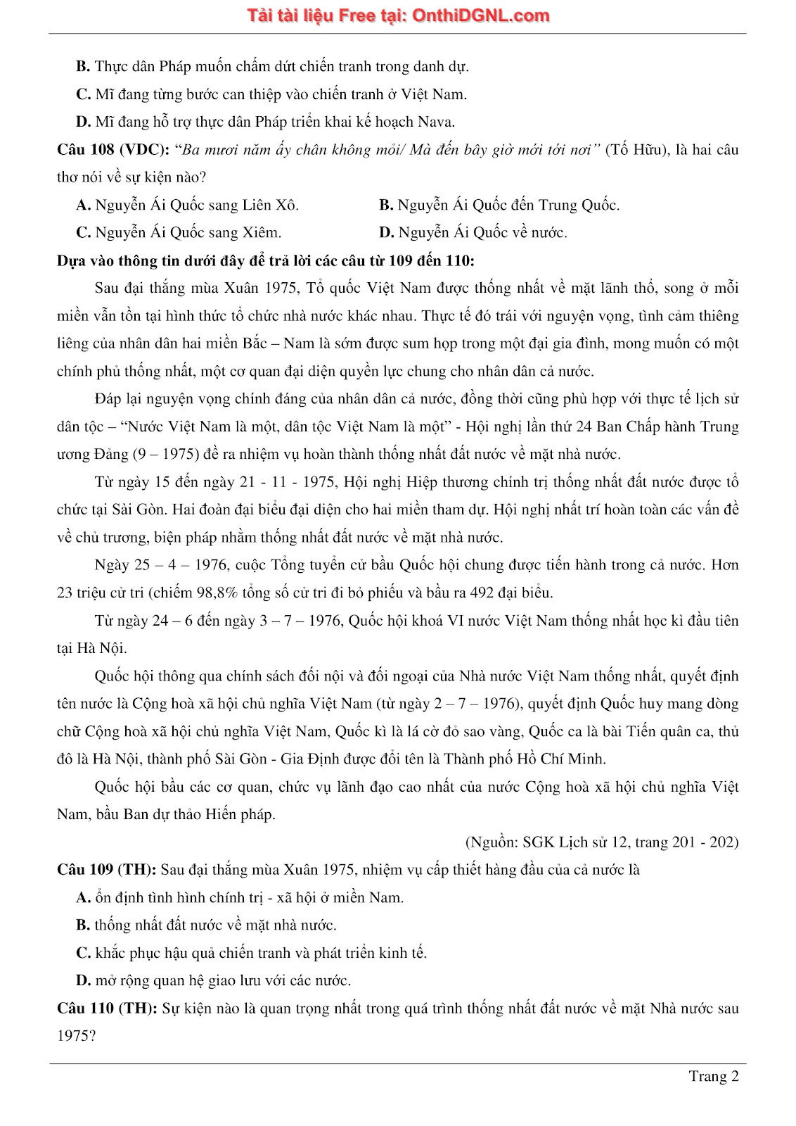 150 bài tập môn Sủ- Ôn thi ĐGNL ĐHQG HN Phần 10