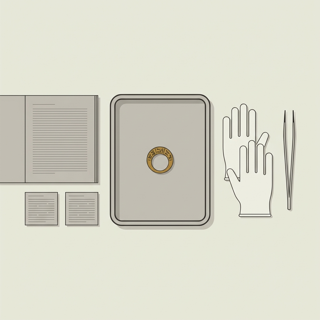 Minimalist 2D vector top down view of a research desk with open catalogues, provenance notes and an ancient egyptian gold ring on a padded archival tray