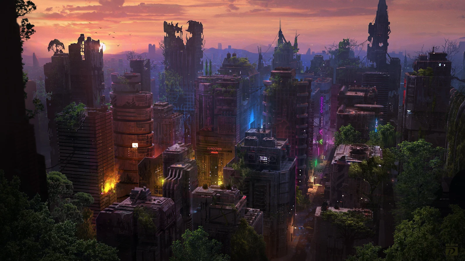 Overgrown Post Apocalyptic City Sunset - Digital Concept Art 4K Wallpaper (4000x2249)