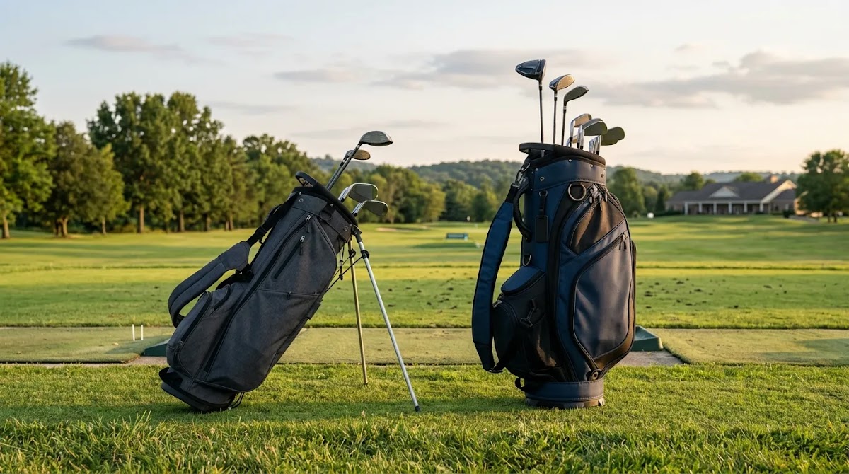 Golf stand bag versus larger golf bag format comparison on a practice area