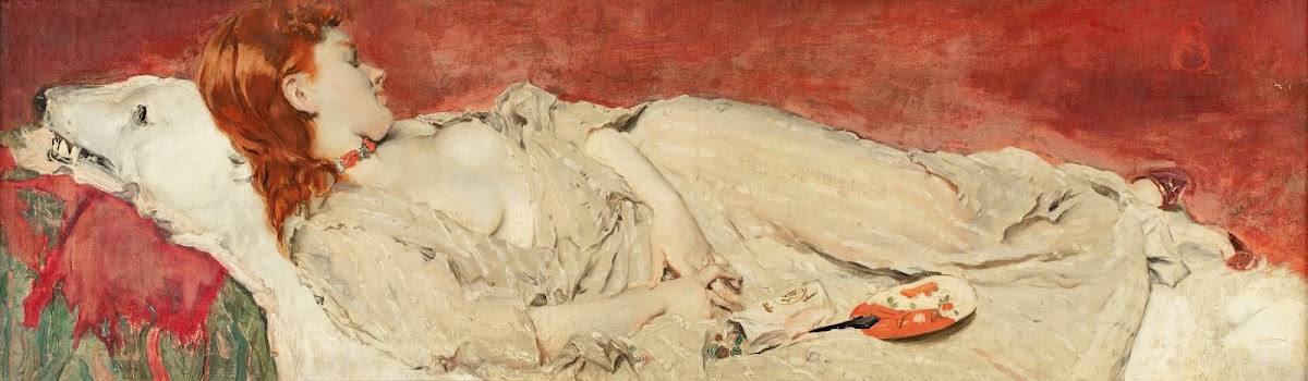A young red hair girl sleeping on a bearskin