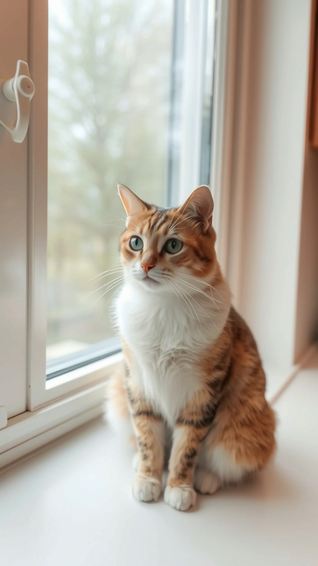 Calico Cat Portrait Sitting on White Window Ledge - Free 4K mobile Wallpaper
