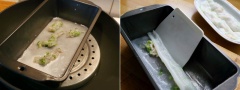Đổ nước vào nồi hấp đun sôi, đặt khuôn hấp vào. Múc 1 muỗng bột đổ vào khuôn, tráng đều thành một lớp mỏng. Đặt tôm lên trên, đậy nắp nồi lại. Kiểm tra thấy bánh chín, trong suốt thì lấy khuôn ra, dùng muỗng cuộn bánh lại để ra dĩa.