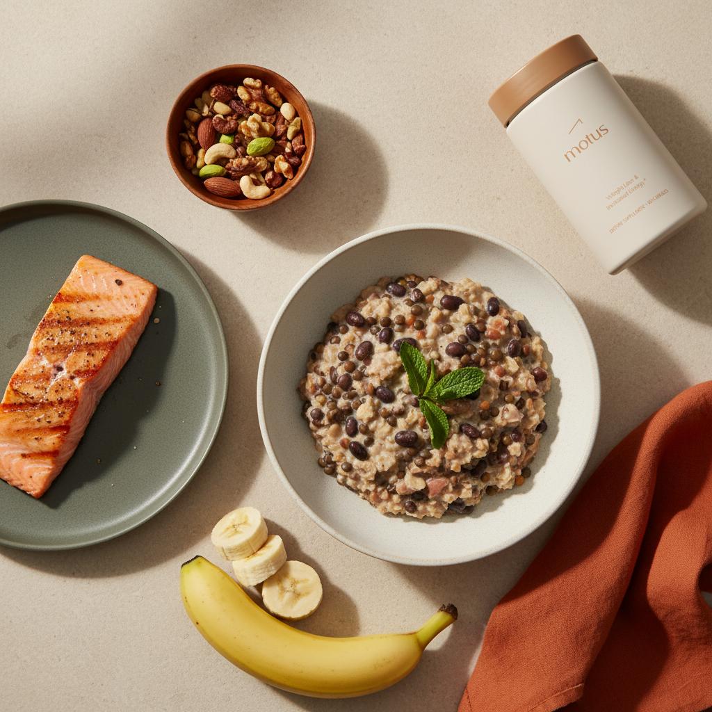Top-down minimalist meal of oats with legumes, grilled fish, nuts and sliced underripe banana with a Motus supplement bottle — designed to increase GLP-1 naturally.