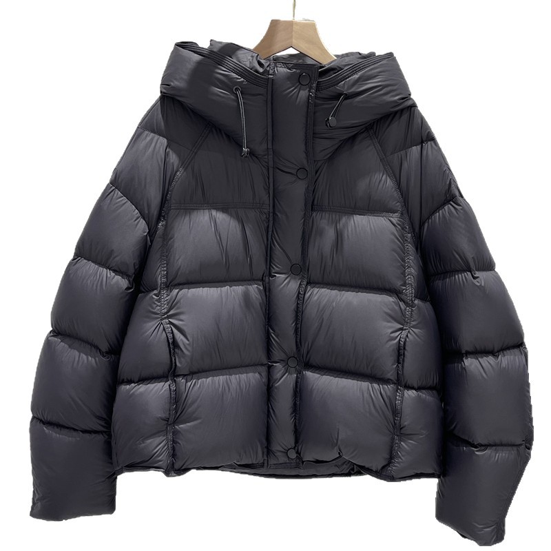 Short women's down jacket with hood, white duck down