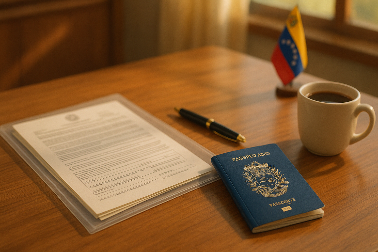 Carpeta con documentos para apostillar y pasaporte venezolano sobre mesa de madera
