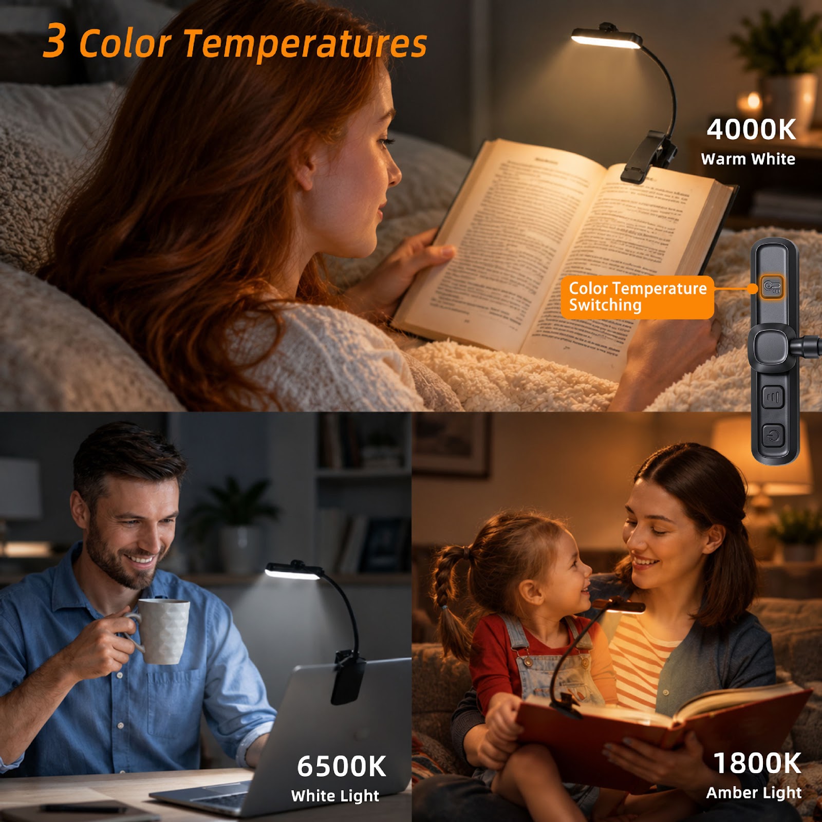 LED-Klemmlampe mit 3 Farbtemperaturen, 1000 mAh