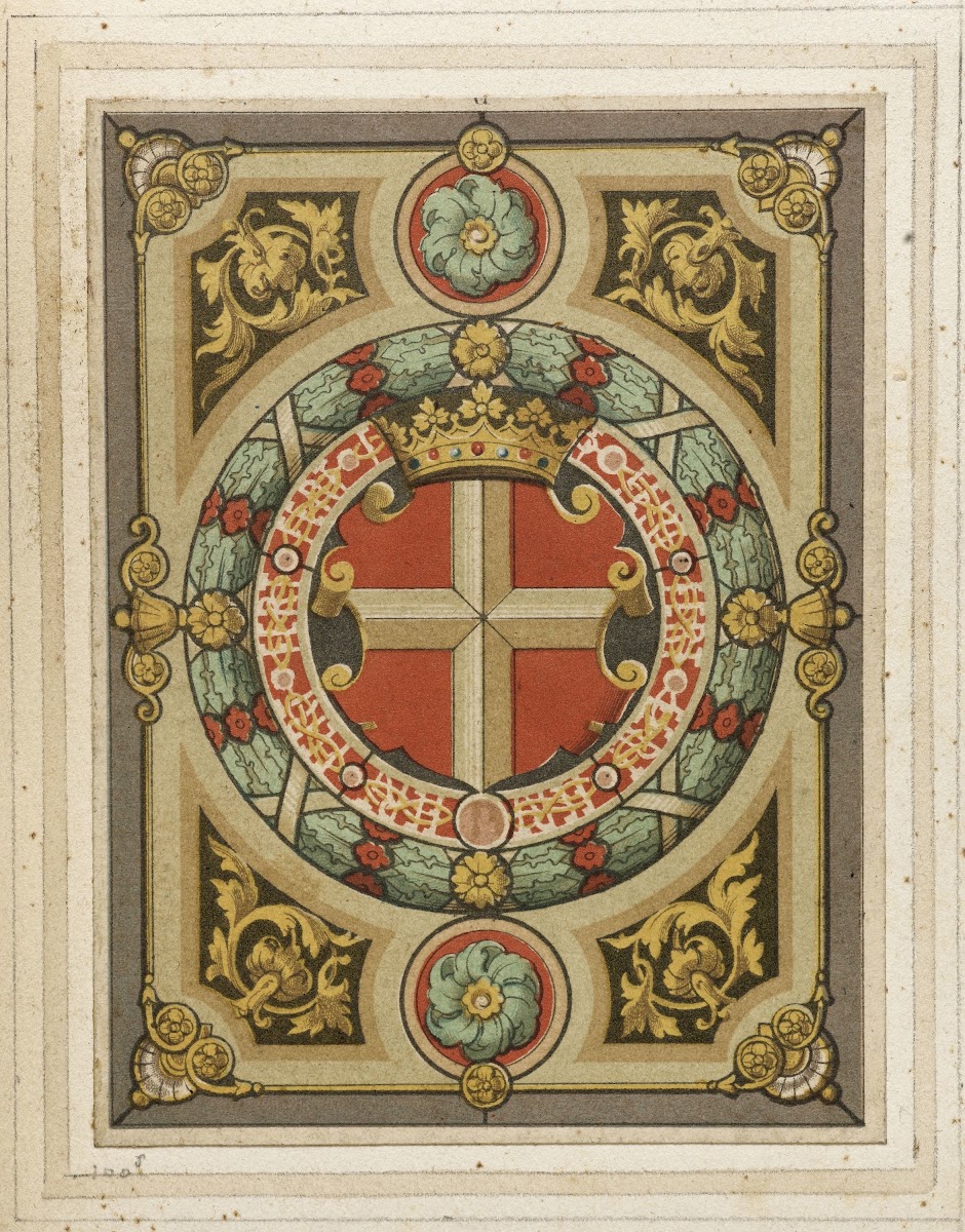 Détail de vitrail à motifs héraldiques écusson à croix blanche sur fond rouge co
