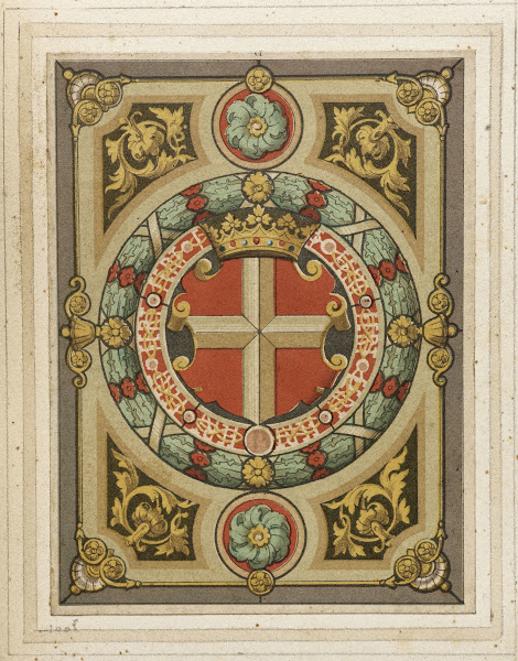 Détail de vitrail à motifs héraldiques écusson à croix blanche sur fond rouge co