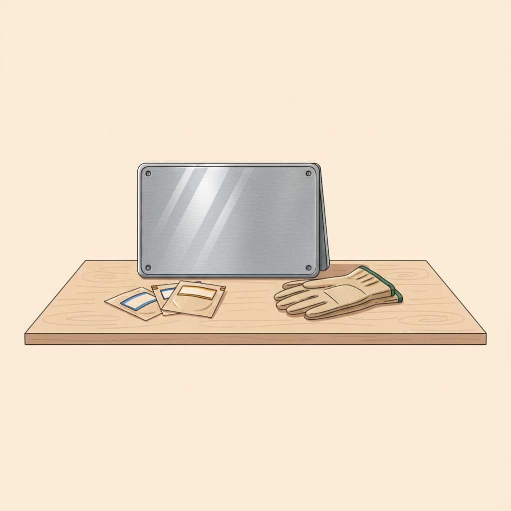 Nahaufnahme von Geschenkdetails auf Holztisch mit blankem Metallschild ohne Schrift, Saatguttüten und Gartenhandschuhen im minimalistischen 2D-Vektorstil, geschenkideen garten