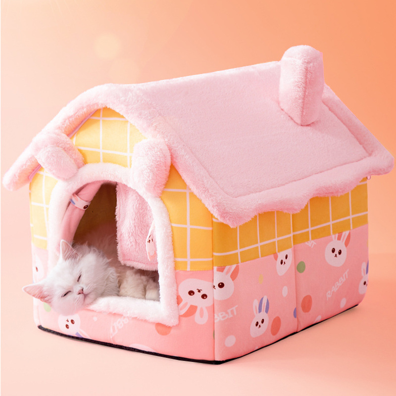 Enclosed pet house with roof, warming