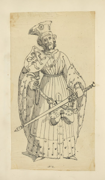 Man with heraldic shield sword and purse hanging from belt wearing fur trimmed c